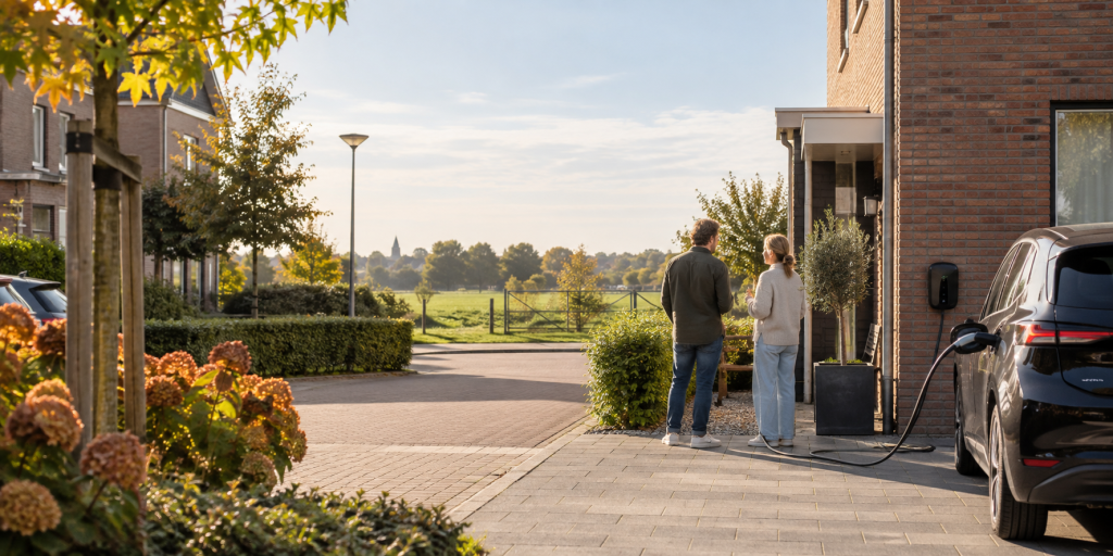Joulo Deel laadpaal delen met bekenden bij een woning met elektrische auto op de oprit.