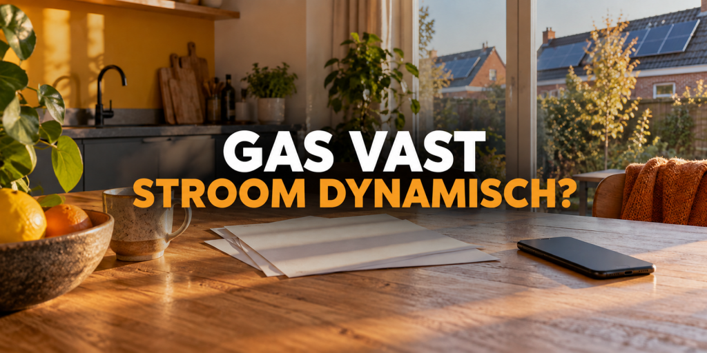 Foto bij artikel over vast gascontract dynamische stroom: real editorial photograph of a dutch homeowner kitchen table with paper energy contract sheets with illegible text